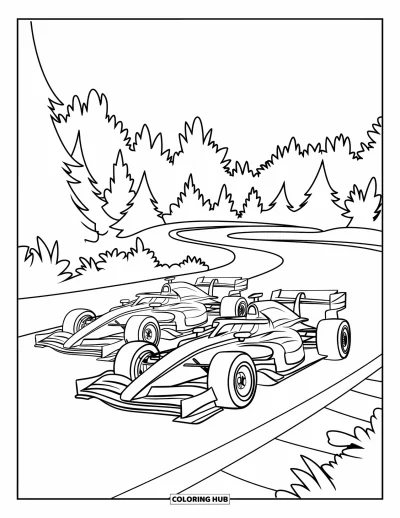 Dibujo de coches de carreras para colorear para niños: Dos coches de carreras compiten juntos en una pista curvada rodeada de árboles y espacio abierto