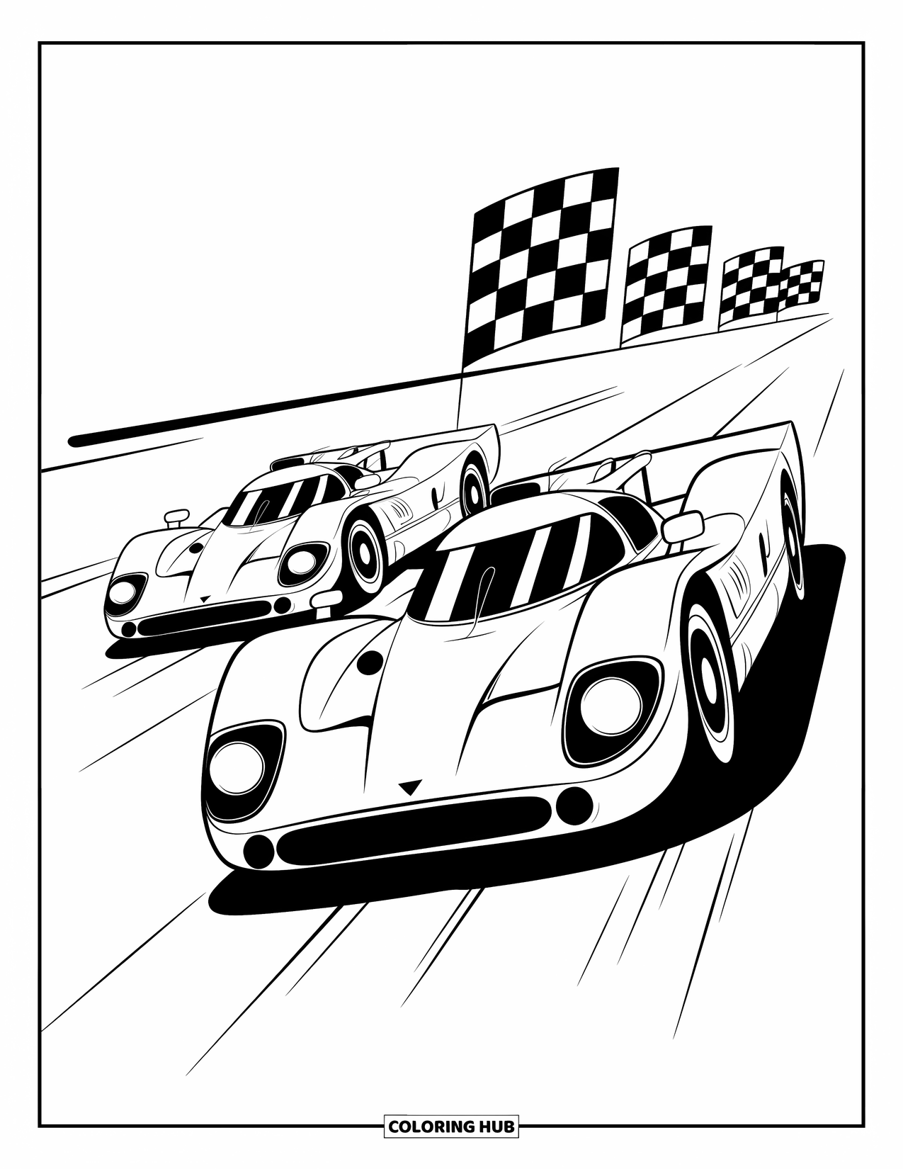 Kleurplaat raceauto voor kinderen: Twee raceauto's scheuren over een recht stuk circuit met geblokte vlaggen bij de finish