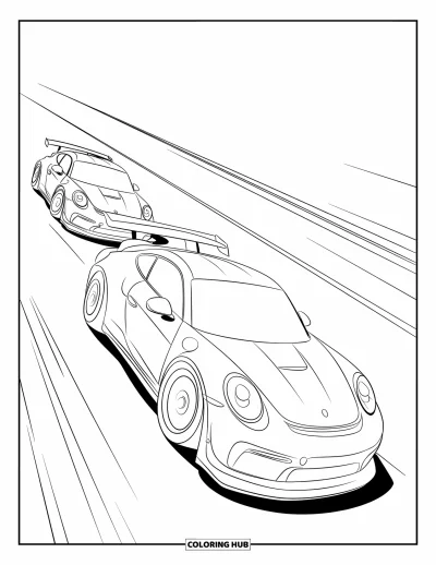 Dibujo de coches de carreras para colorear para niños: Dos coches de carreras aceleran por una pista recta con líneas nítidas y estilo moderno