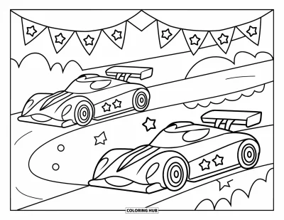 Dibujo de coches de carreras para colorear para niños: Dos coches de carreras con estrellas y pancartas compiten en una pista curvada con detalles divertidos