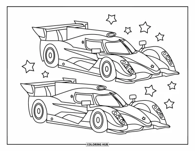 Dibujo de coches de carreras para colorear para niños: Dos coches de carreras con estrellas y formas divertidas alrededor compiten lado a lado
