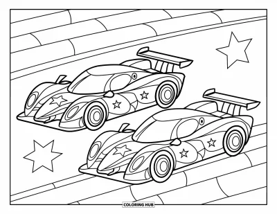 Dibujo de coches de carreras para colorear para niños: Dos coches de carreras con estrellas circulan por una pista de varios carriles con fondo limpio