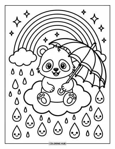 Målarbild med regnbågar för vuxna: En pandaunge sitter på ett fluffigt moln och håller ett paraply medan en regnbågar välver sig ovanför