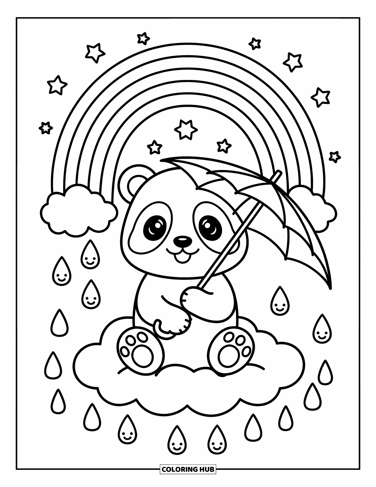 Regenboog Kleurplaat voor Volwassenen: Een babypanda met een kleine paraplu zit op een wolk terwijl sterren en regendruppels in de buurt twinkelen