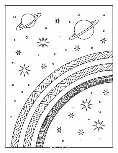 Målarbild med regnbågar för vuxna: En kosmisk regnbågar välver sig över en stjärnhimmel, omgiven av virvlande planeter och eleganta mönster
