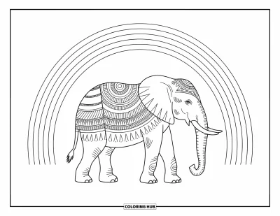 Målarbild med regnbågar för vuxna: En stor elefant dekorerad med invecklade mönster står under en lysande regnbågar
