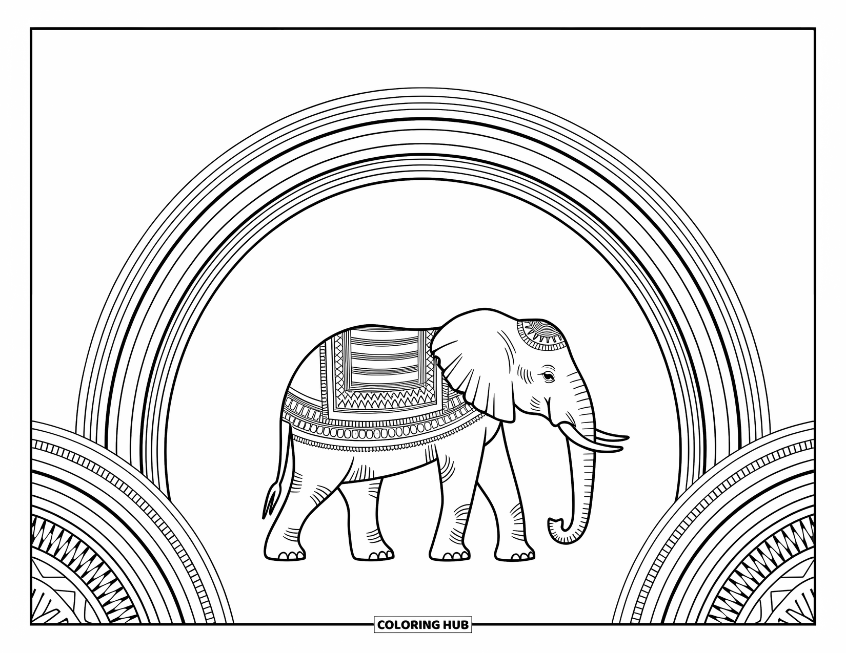 Regenboog Kleurplaat voor Volwassenen: Een majestueuze olifant versierd met ingewikkelde tribale patronen staat onder een sierlijk gebogen regenboog