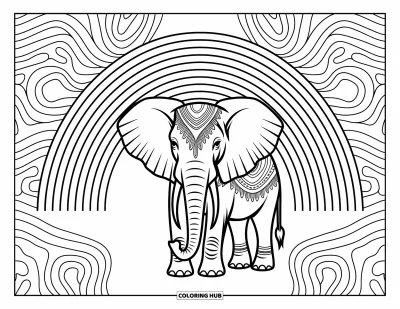Målarbild med regnbågar för vuxna: En majestätisk elefant prydd med invecklade stammönster står stolt under en böjd regnbågar