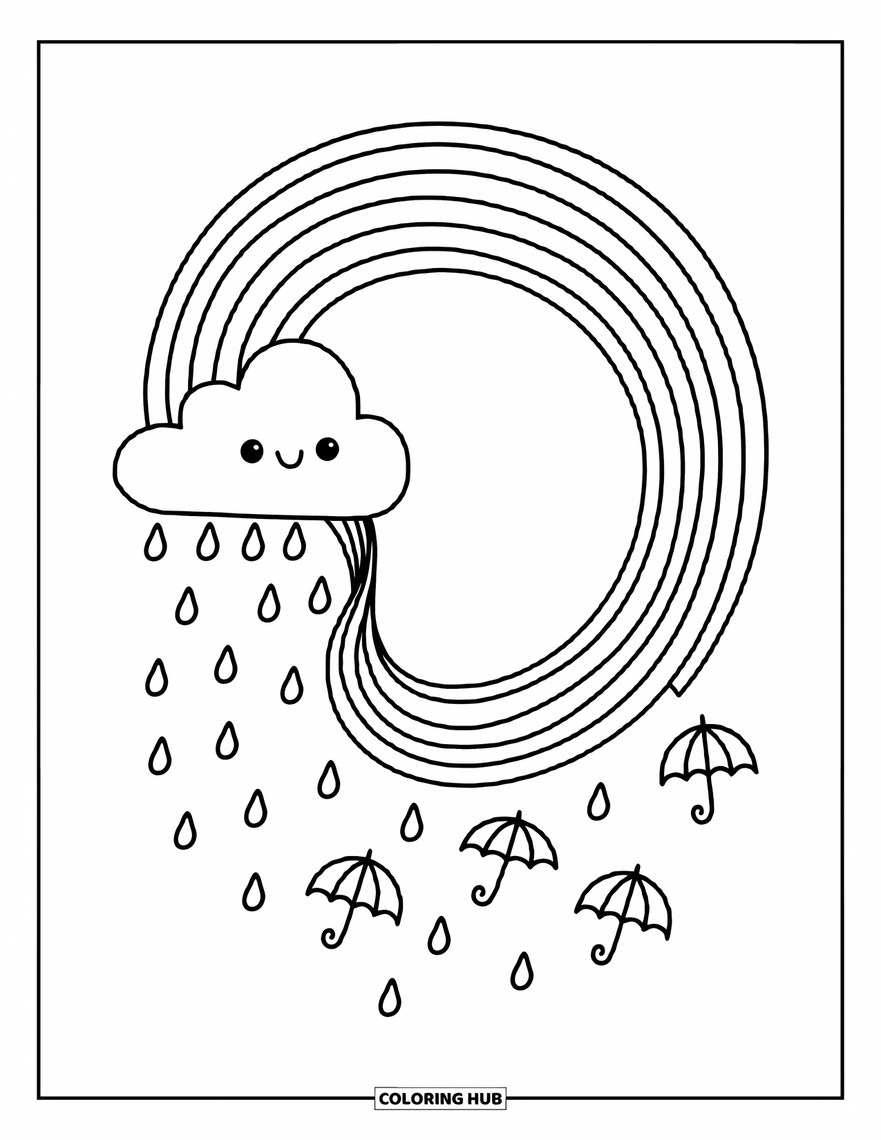 Regenboog Kleurplaat voor Volwassenen: Een kleine wolk blaast een zachte bries en vormt een spiraalvormig regenbooglint door de lucht