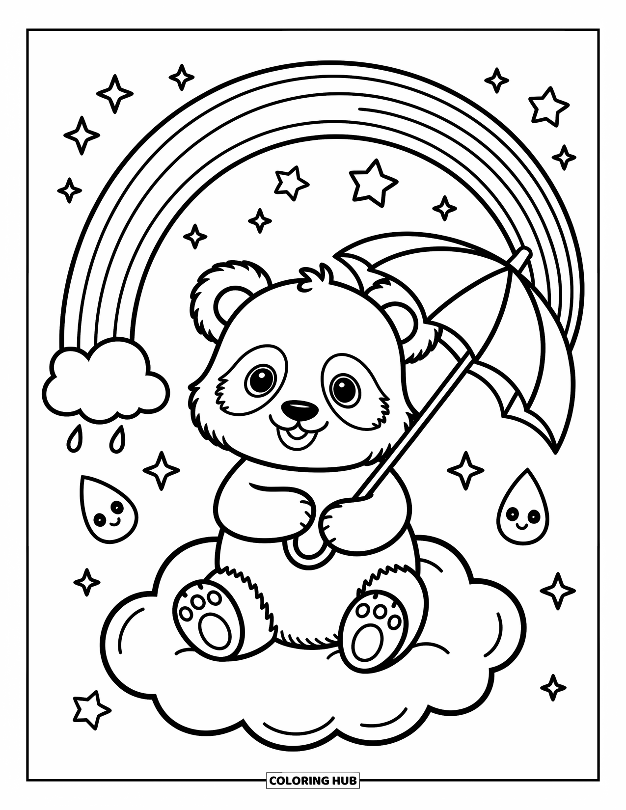 Regenboog Kleurplaat voor Volwassenen: Een kleine panda rust op een wolk met een kleine paraplu, omringd door lachende regendruppels