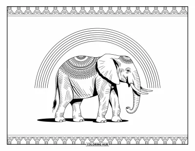 Målarbild med regnbågar för vuxna: En elegant elefant med detaljerade stamgravyrer står under en graciöst välvande regnbågar