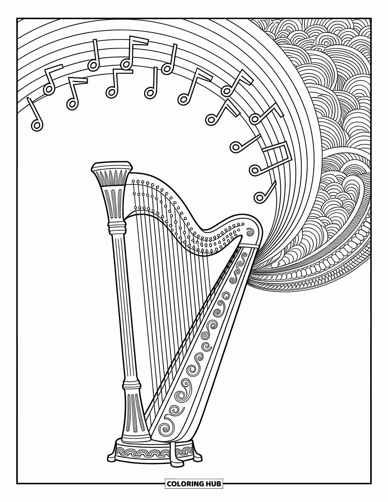 Regenboog Kleurplaat voor Volwassenen: Een betoverde harp met wervelende wijnranken creëert een delicate regenboogboog erboven