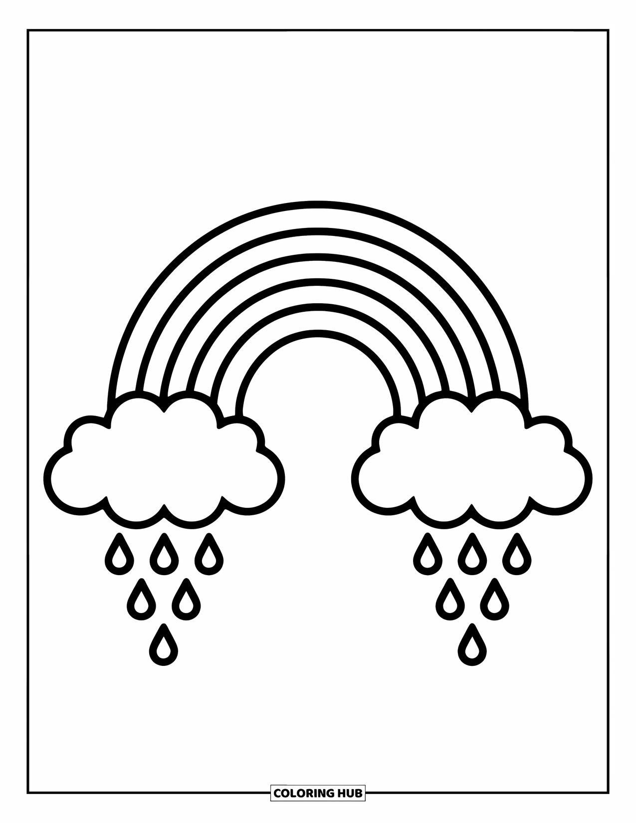 Regenboog Kleurplaat voor Kinderen: Een gedurfde regenboog strekt zich uit over twee zachte wolken, met een paar regendruppels die eronder vallen