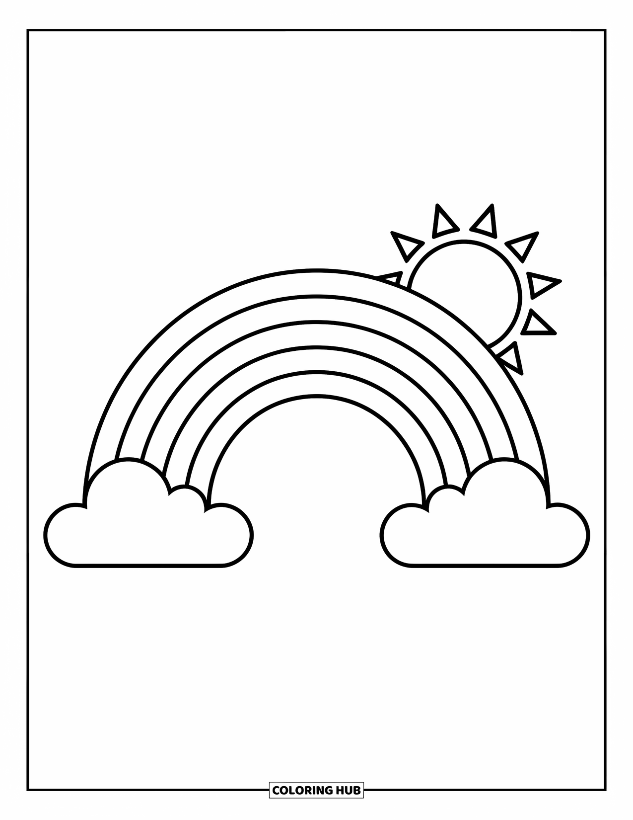 Regenboog Kleurplaat voor Kinderen: Een heldere regenboog spant zich over de lucht, met de zon die achter een pluizige wolk vandaan piept