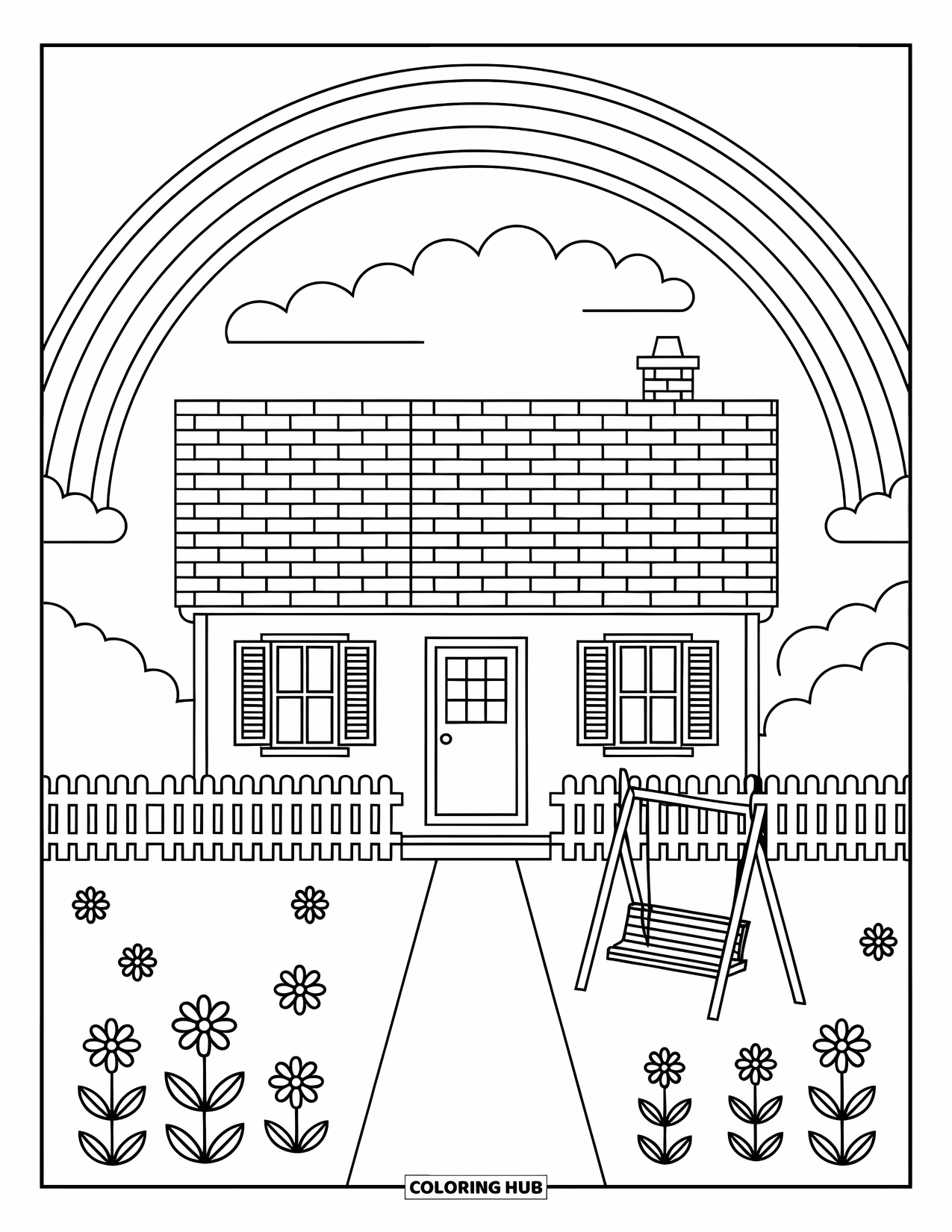 Regenboog Kleurplaat voor Kinderen: Een charmant huis met een veranda en schommel rust onder een heldere regenboog