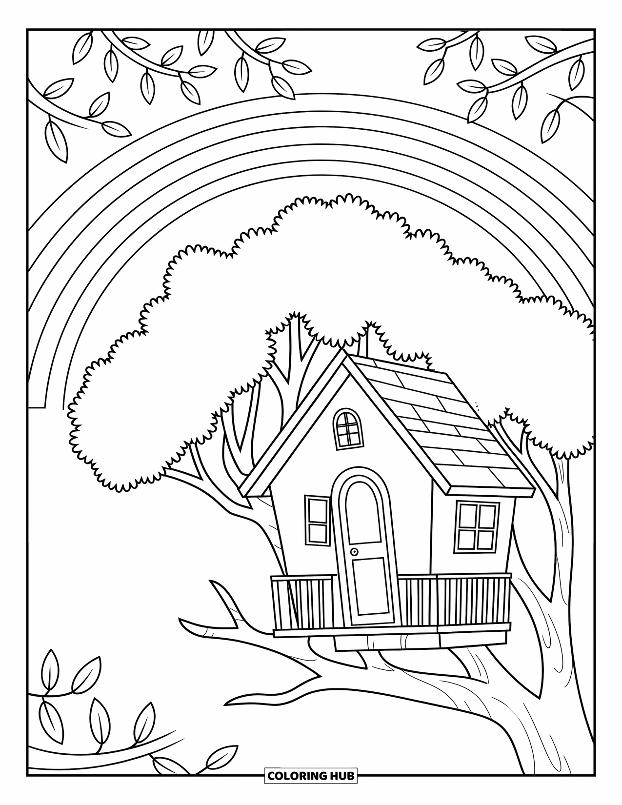 Regenboog Kleurplaat voor Kinderen: Een charmant boomhuis met een kleine deur en ramen staat onder een heldere regenboog