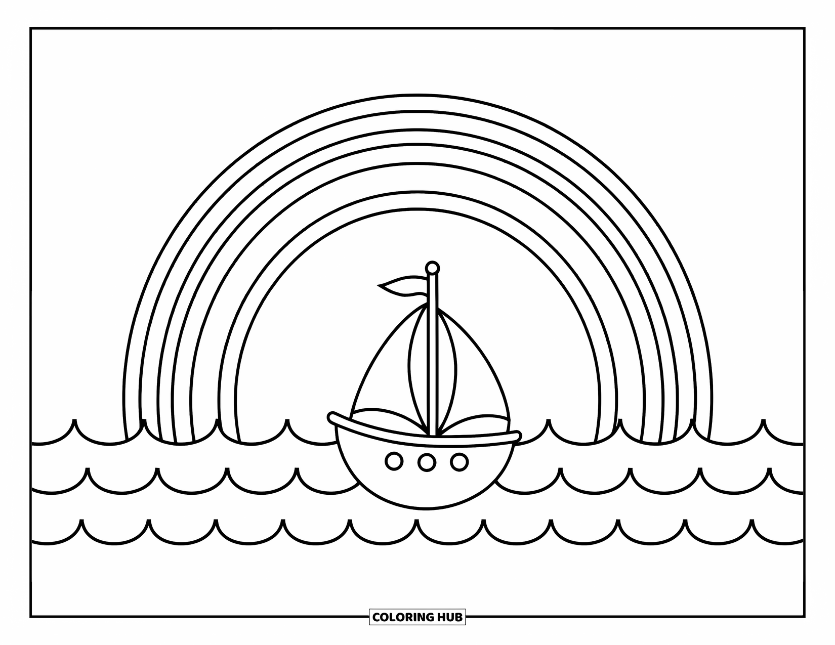 Regenboog Kleurplaat voor Kinderen: Een schattige zeilboot glijdt over de zee, met een gloeiende regenboog die zich over de lucht uitstrekt