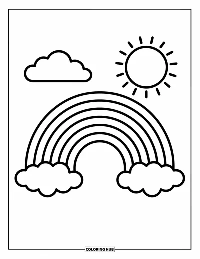 Målarbild med regnbågar för barn: Ett fluffigt moln driver nära en lysande regnbågar, med solen som kikar fram