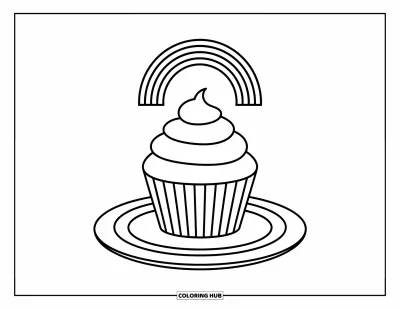Målarbild med regnbågar för barn: En fluffig cupcake står på en tallrik, med en liten regnbågar som välver sig ovanför