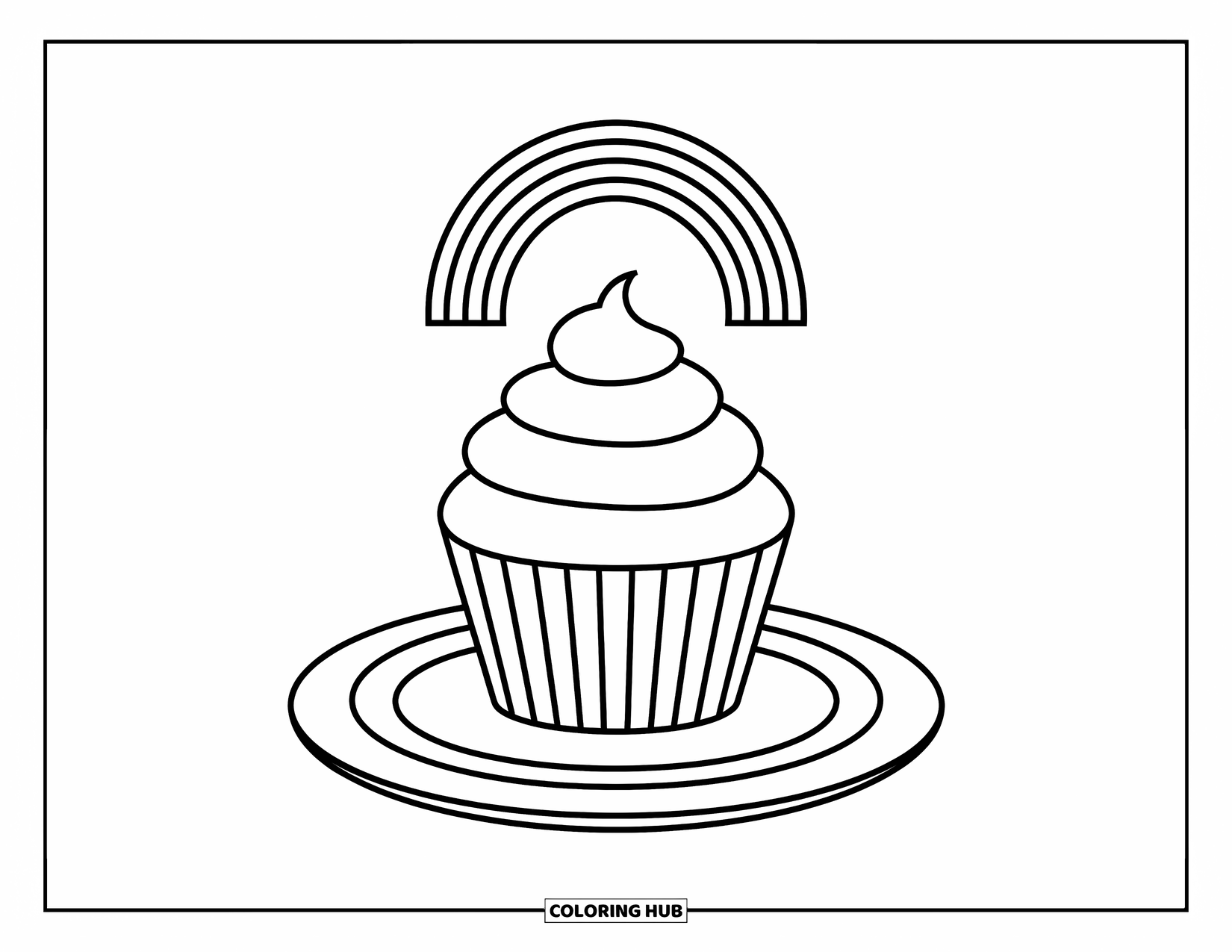 Regenboog Kleurplaat voor Kinderen: Een zachte cupcake zit op een bord, met een kleine regenboog die erboven uitstijgt