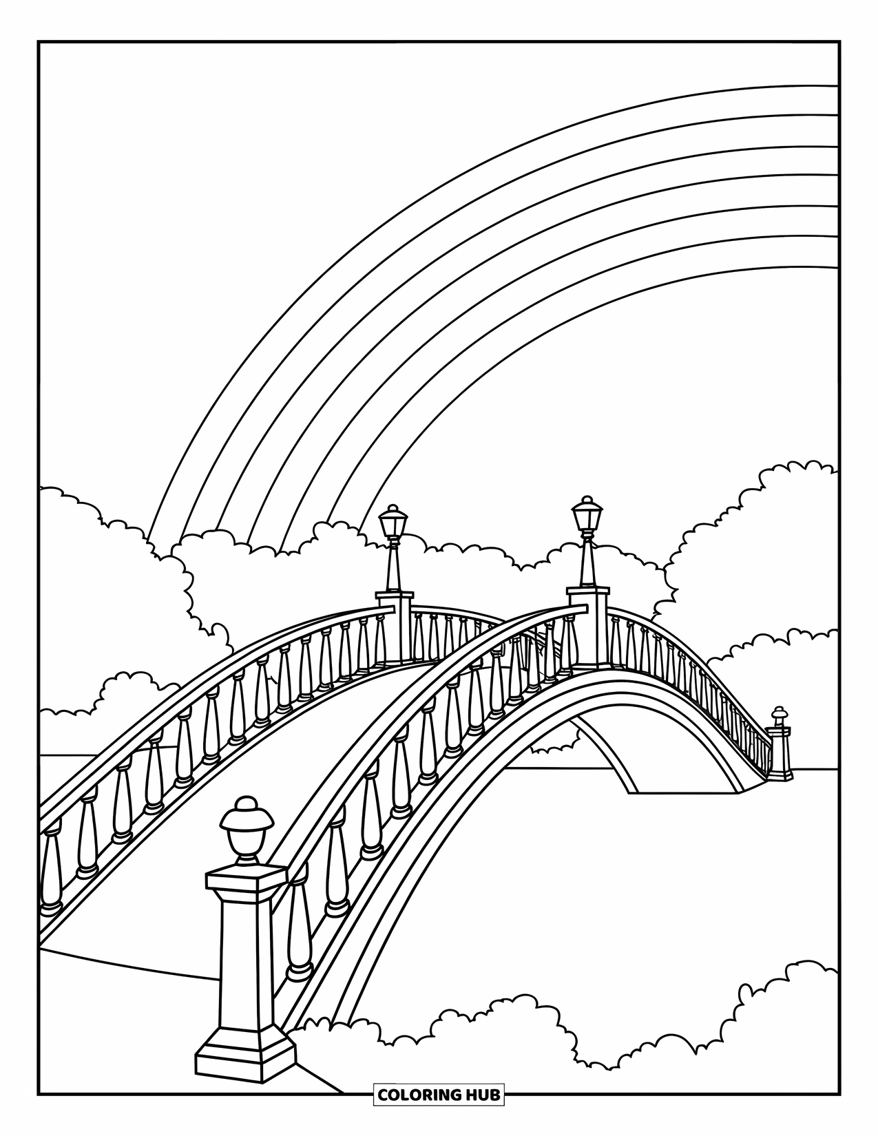 Regenboog Kleurplaat voor Kinderen: Een sierlijke brug overspant een rustig meer, met een regenboog die zich over de lucht uitstrekt