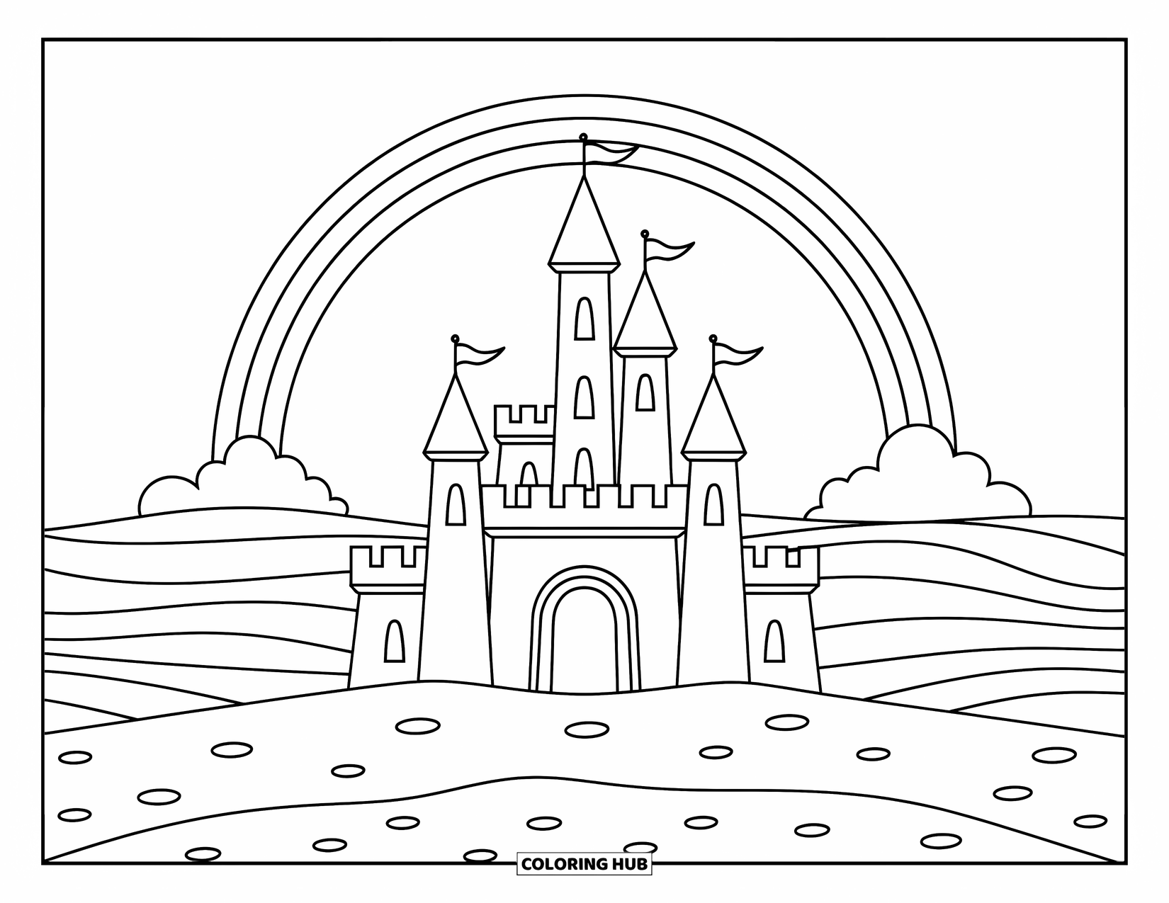 Regenboog Kleurplaat voor Kinderen: Een groots zandkasteel staat aan de kust, met een regenboog die over de oceaangolven buigt