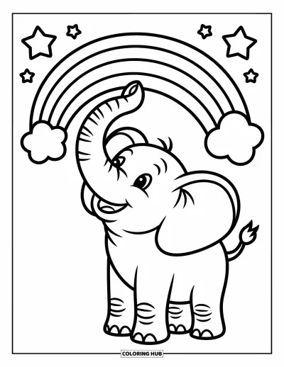 Målarbild med regnbågar för barn: En glad elefant står under en klar regnbågar, med små stjärnor som glittrar ovanför