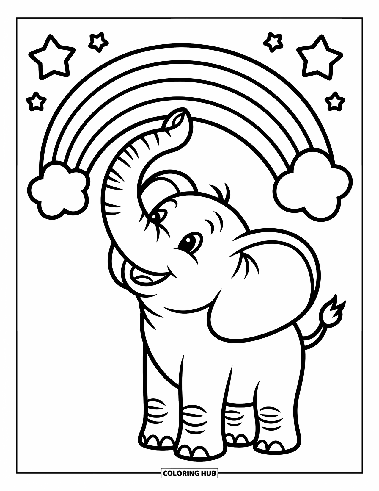 Regenboog Kleurplaat voor Kinderen: Een vrolijke olifant staat onder een heldere regenboog, met kleine sterretjes die erboven schitteren