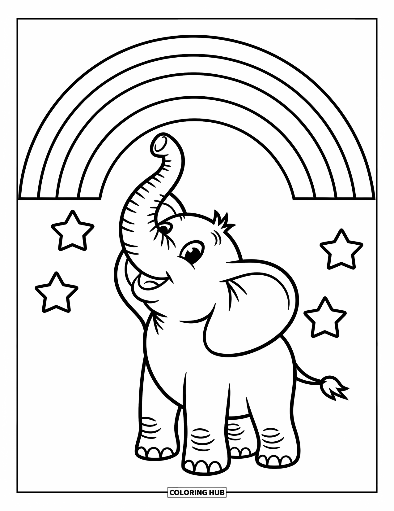 Regenboog Kleurplaat voor Kinderen: Een vrolijke olifant heft zijn slurf op, omlijst door een brede regenboog en speelse sterren