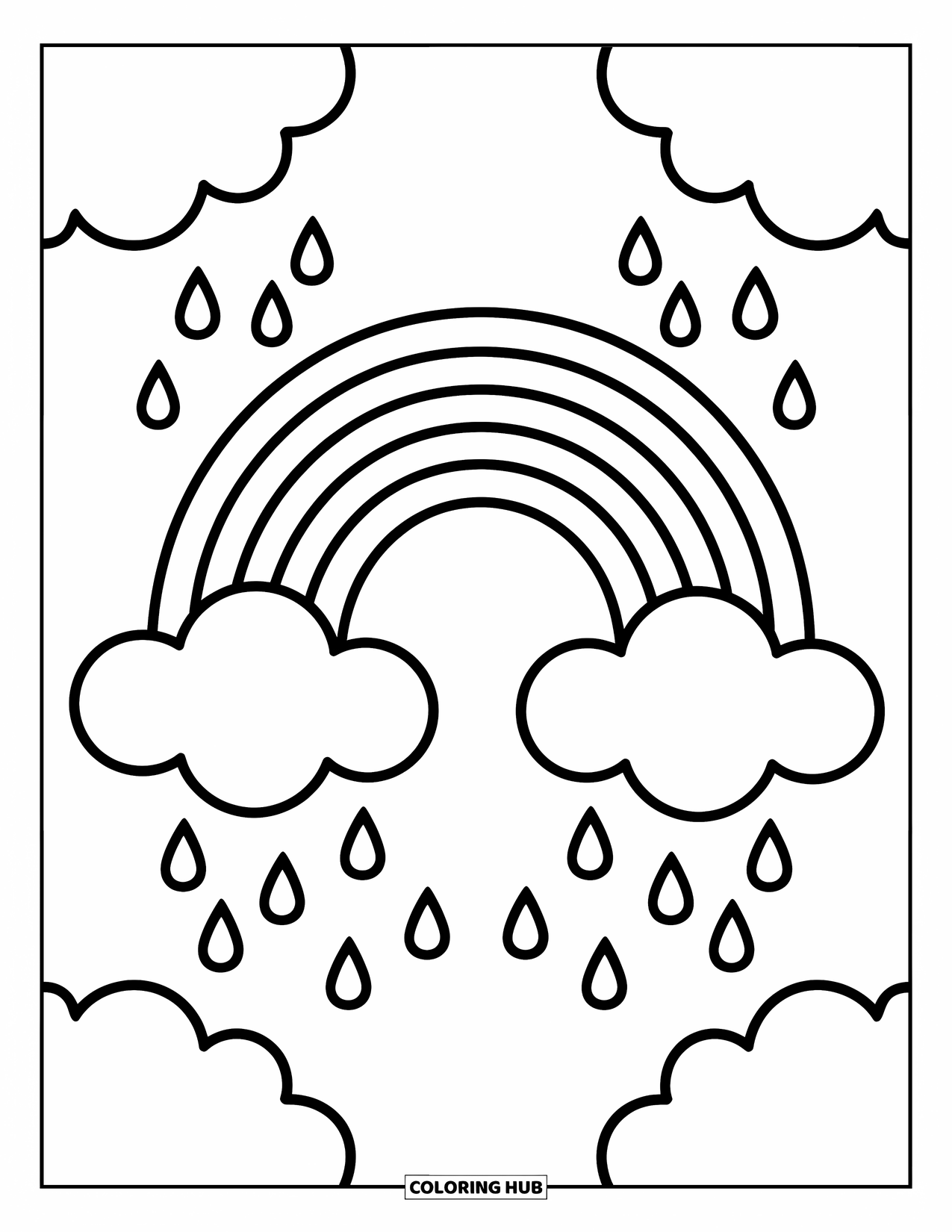 Regenboog Kleurplaat voor Kinderen: Een grote regenboog buigt tussen zachte wolken, met kleine regendruppels die in de lucht drijven
