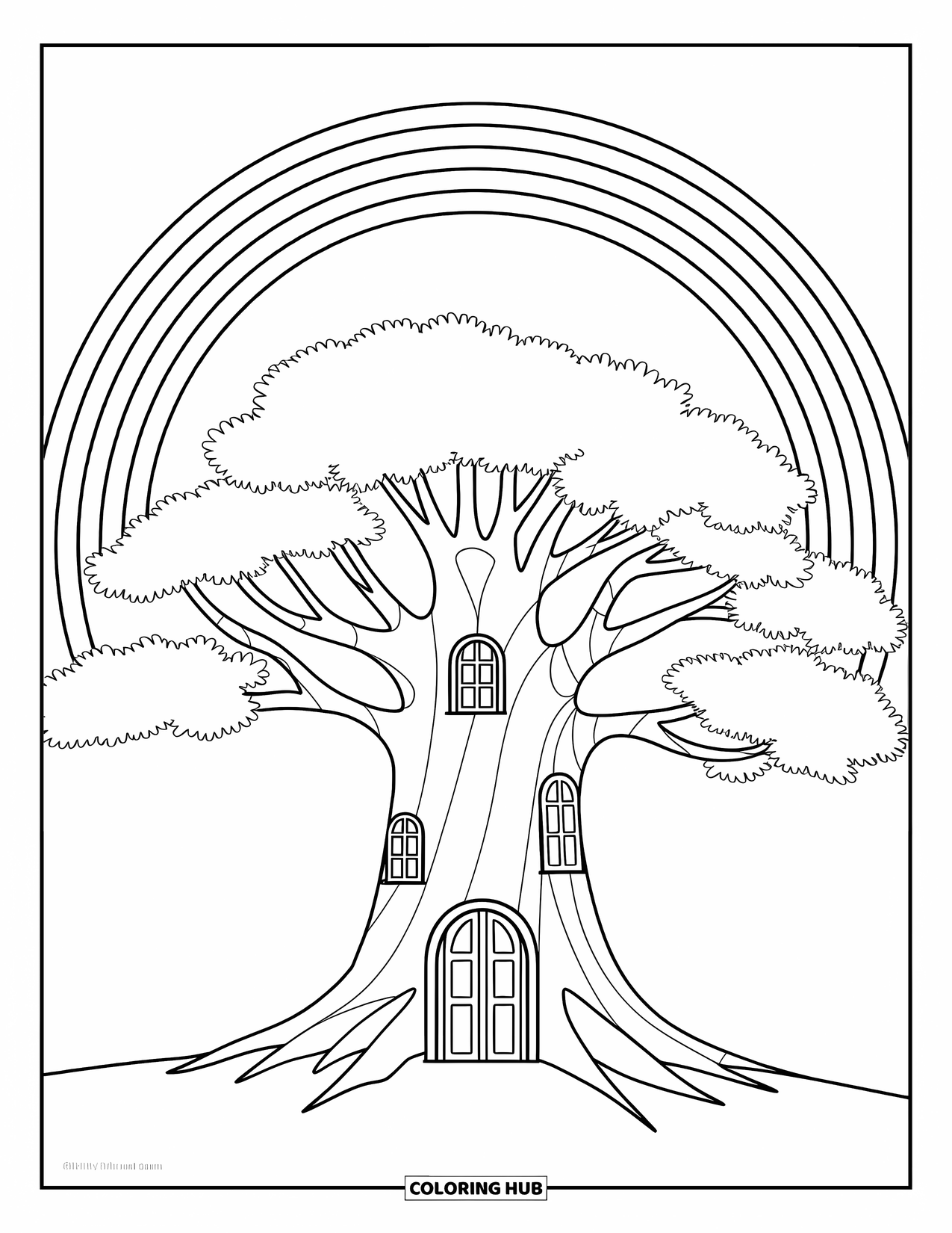 Regenboog Kleurplaat voor Kinderen: Een magische boom met ingewikkelde gravures reikt naar de hemel, waar een regenboog boven uitstijgt