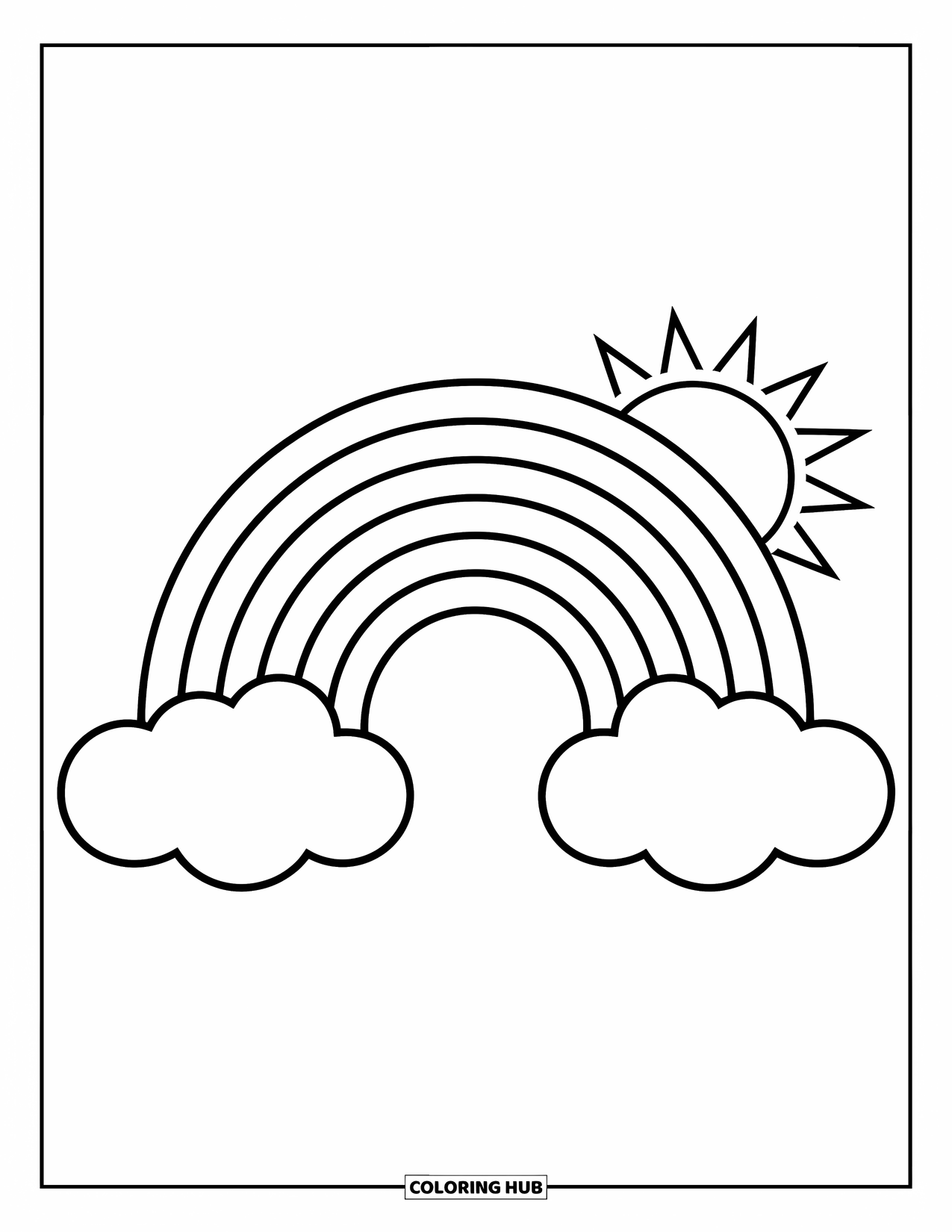 Regenboog Kleurplaat voor Kinderen: Een majestueuze regenboog gloeit erboven, met een zon die zich achter een drijvende wolk verbergt