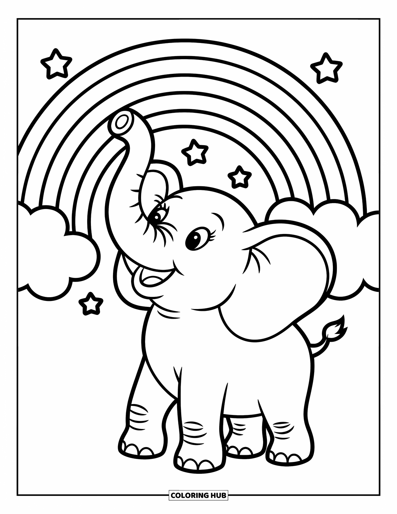 Regenboog Kleurplaat voor Kinderen: Een speelse olifant heft zijn slurf op onder een heldere regenboog, met sterren die erboven twinkelen