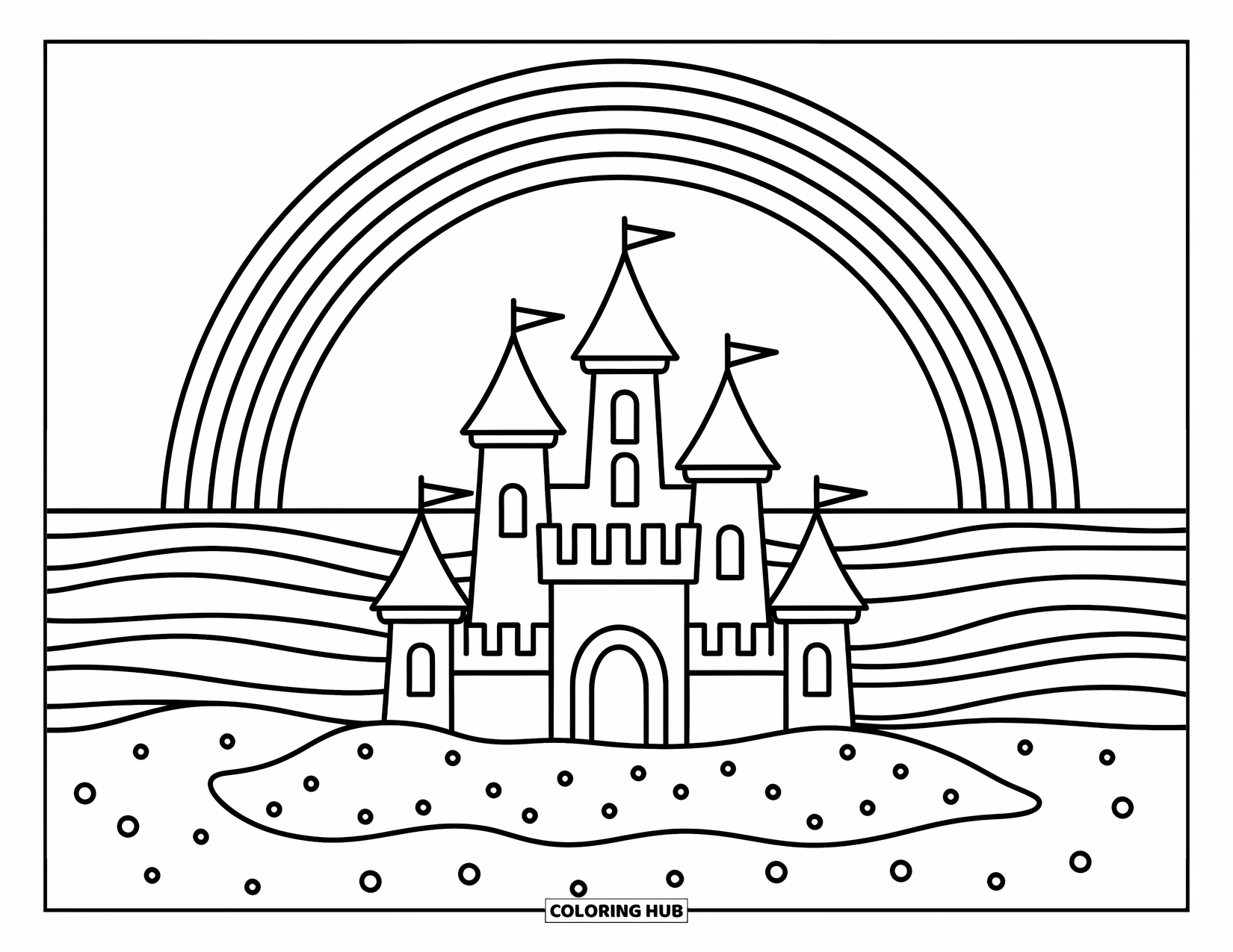 Regenboog Kleurplaat voor Kinderen: Een speels zandkasteel rijst op van het strand, omlijst door een zachte regenboog erboven