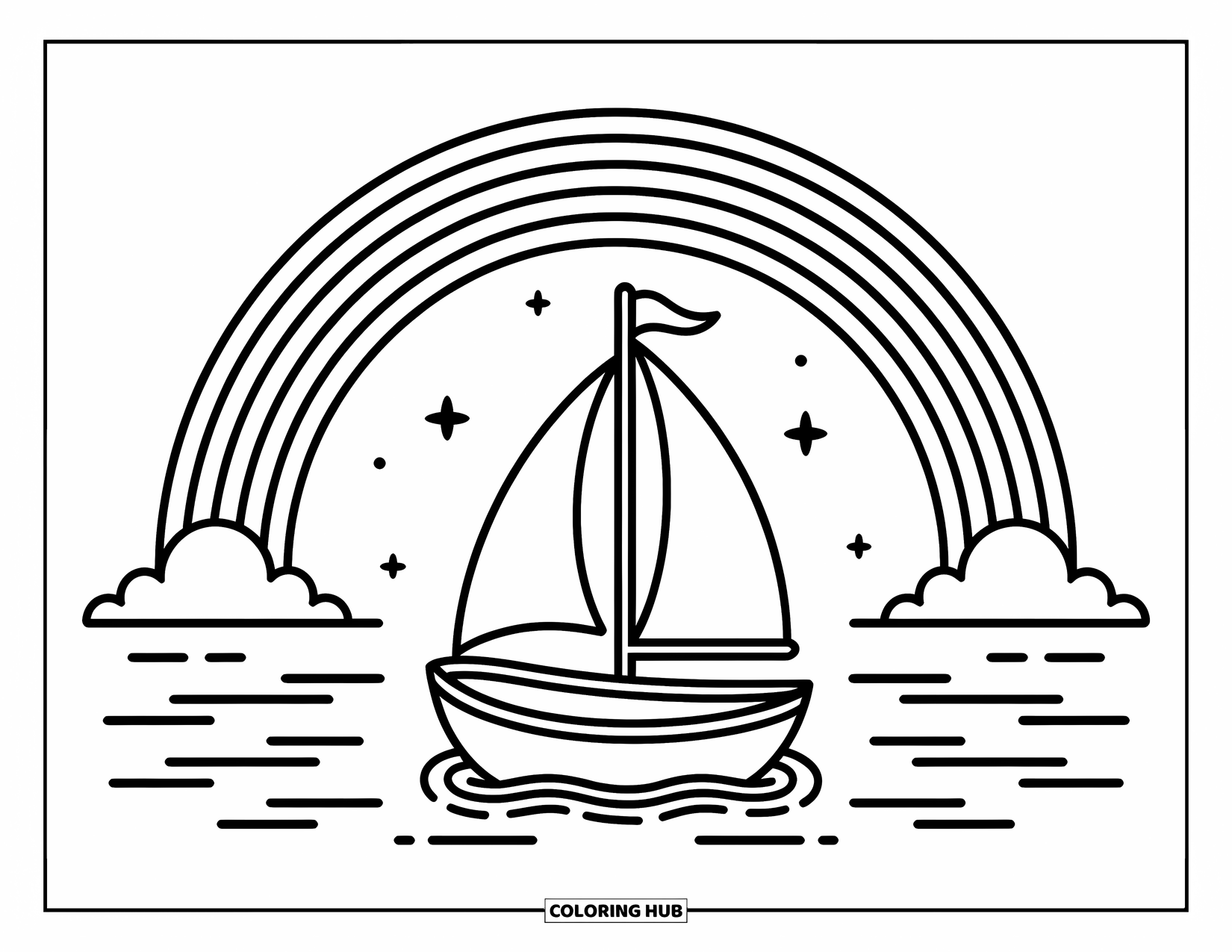 Regenboog Kleurplaat voor Kinderen: Een zeilboot drijft vredig op het water, omlijst door een gloeiende regenboog in de lucht