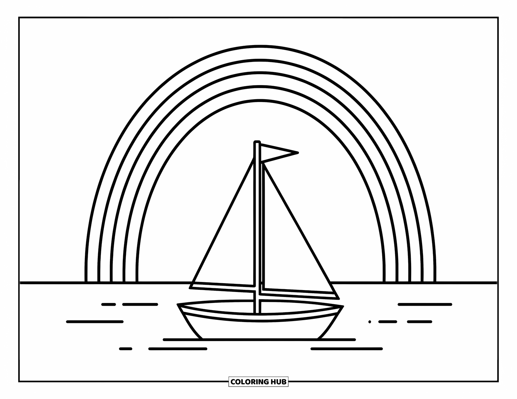 Regenboog Kleurplaat voor Kinderen: Een kleine zeilboot drijft op een kalme zee, met een sierlijke regenboog die erboven uitstijgt