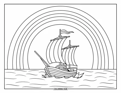 Målarbild med regnbågar för barn: Ett litet skepp seglar över havet, inramat av en klar regnbågar vid horisonten