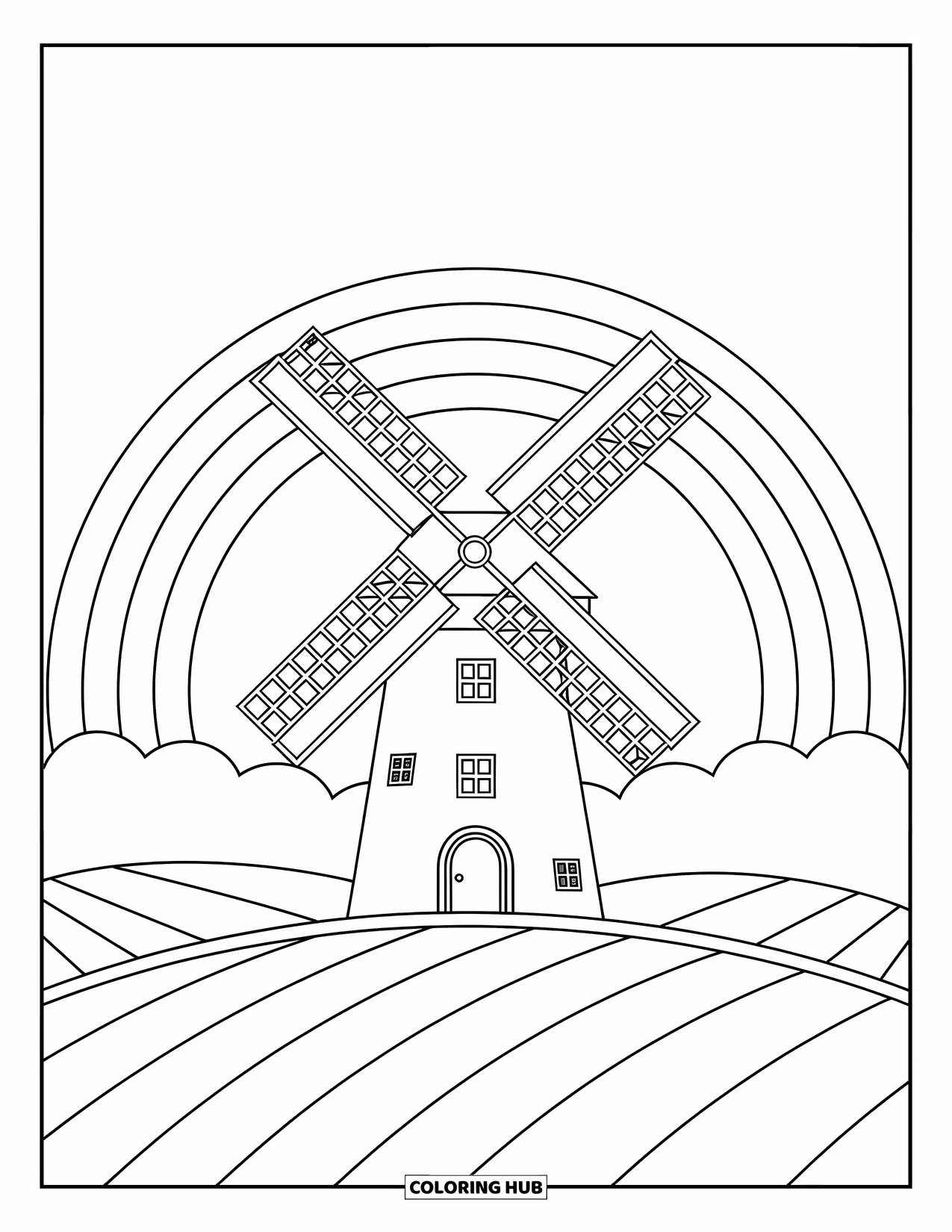 Regenboog Kleurplaat voor Kinderen: Een draaiende windmolen staat op een zachte heuvel, met een heldere regenboog die zich over de lucht uitstrekt