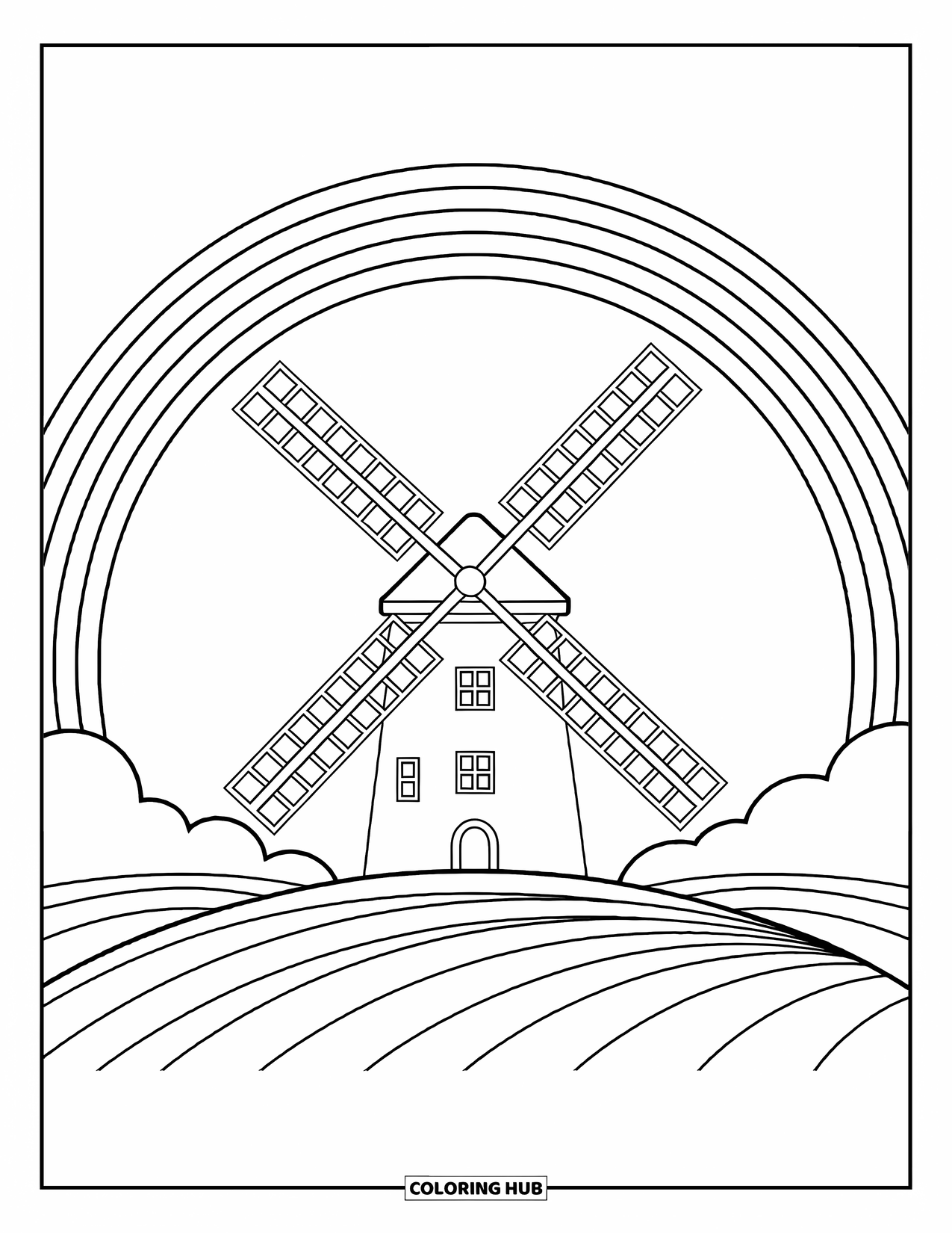 Regenboog Kleurplaat voor Kinderen: Een draaiende windmolen staat op een heuvel, met een heldere regenboog die erboven buigt