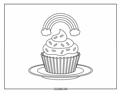 Målarbild med regnbågar för barn: En söt cupcake med strössel står på en tallrik, inramad av en mjuk regnbågar