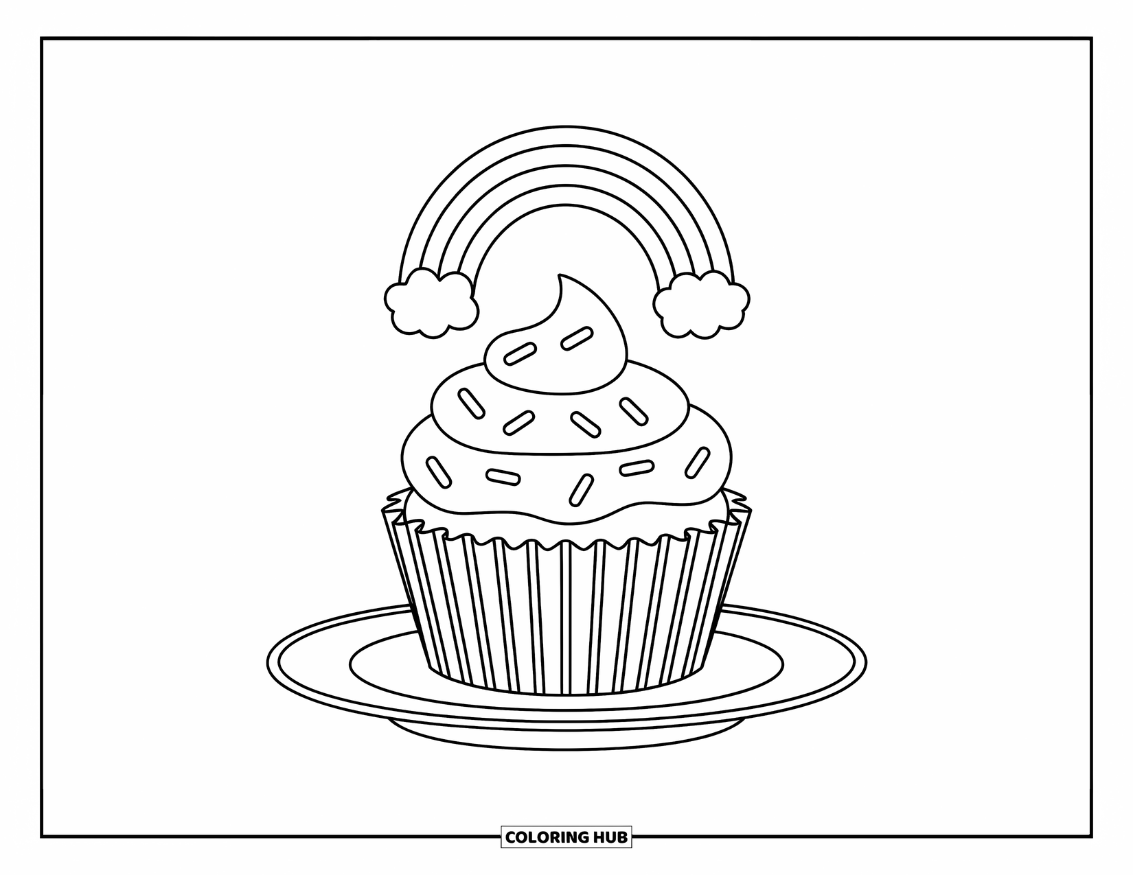Regenboog Kleurplaat voor Kinderen: Een zoete cupcake met spikkels zit op een bord, omlijst door een zachte regenboog