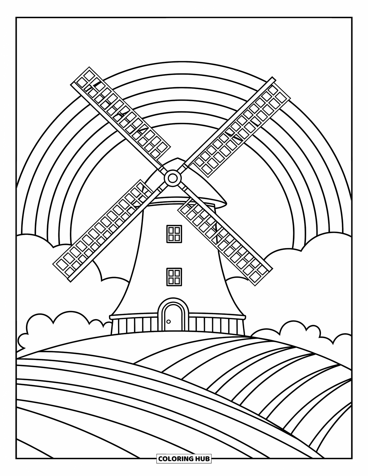Regenboog Kleurplaat voor Kinderen: Een hoge windmolen draait in de wind, omlijst door een sierlijke regenboog erboven