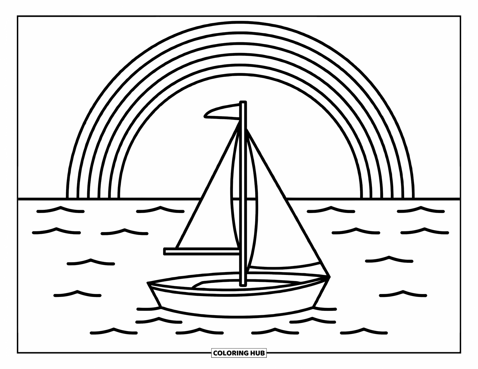 Regenboog Kleurplaat voor Kinderen: Een kleine zeilboot glijdt op kalme golven onder een majestueuze regenboog in de lucht