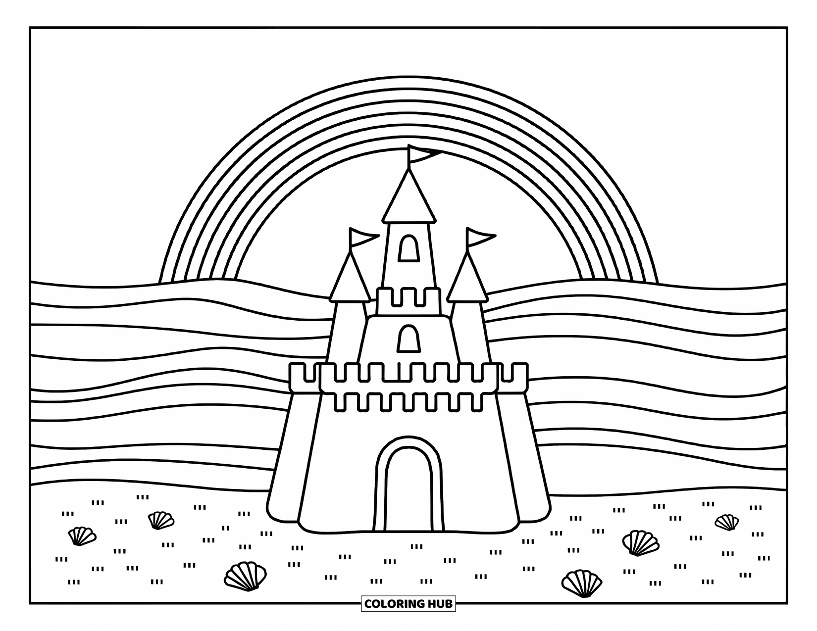 Regenboog Kleurplaat voor Kinderen: Een torenhoog zandkasteel staat op een strand, met een brede regenboog in de verte