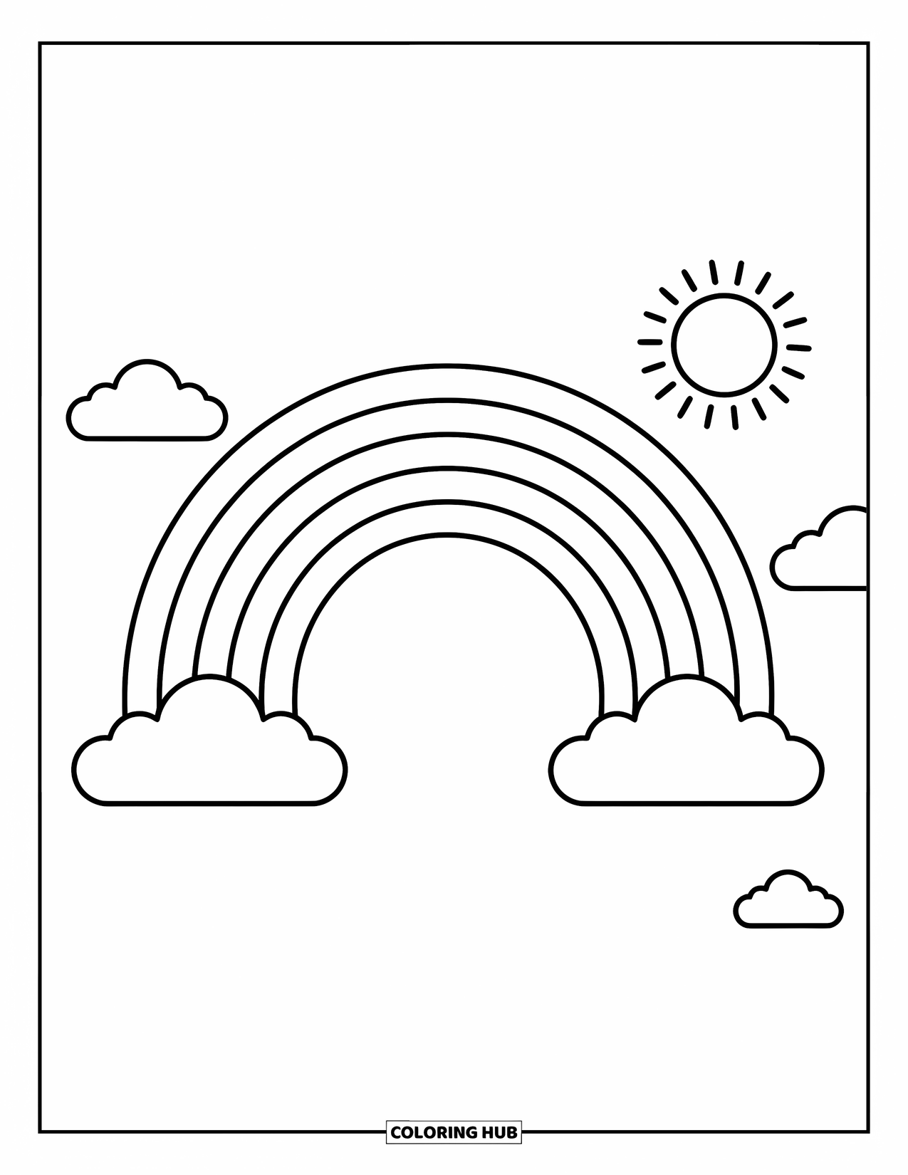 Regenboog Kleurplaat voor Kinderen: Een levendige regenboog strekt zich uit over de lucht, met een zachte wolk en een stralende zon in de buurt