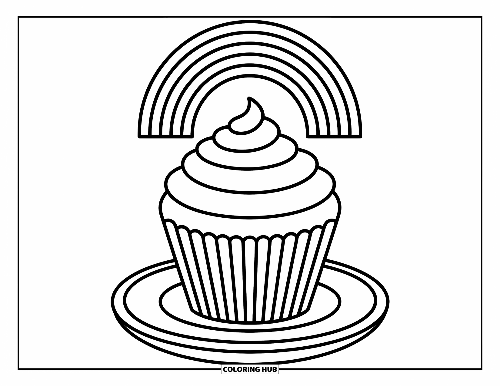 Regenboog Kleurplaat voor Kinderen: Een grillige cupcake met luchtige glazuur is bedekt met een delicate regenboog erboven
