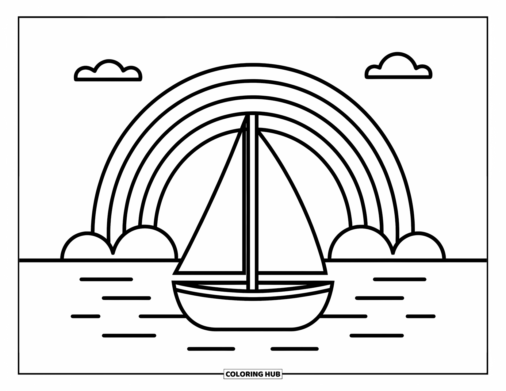 Regenboog Kleurplaat voor Kinderen: Een grillige zeilboot vaart zachtjes, met een heldere regenboog die zich over de horizon uitstrekt
