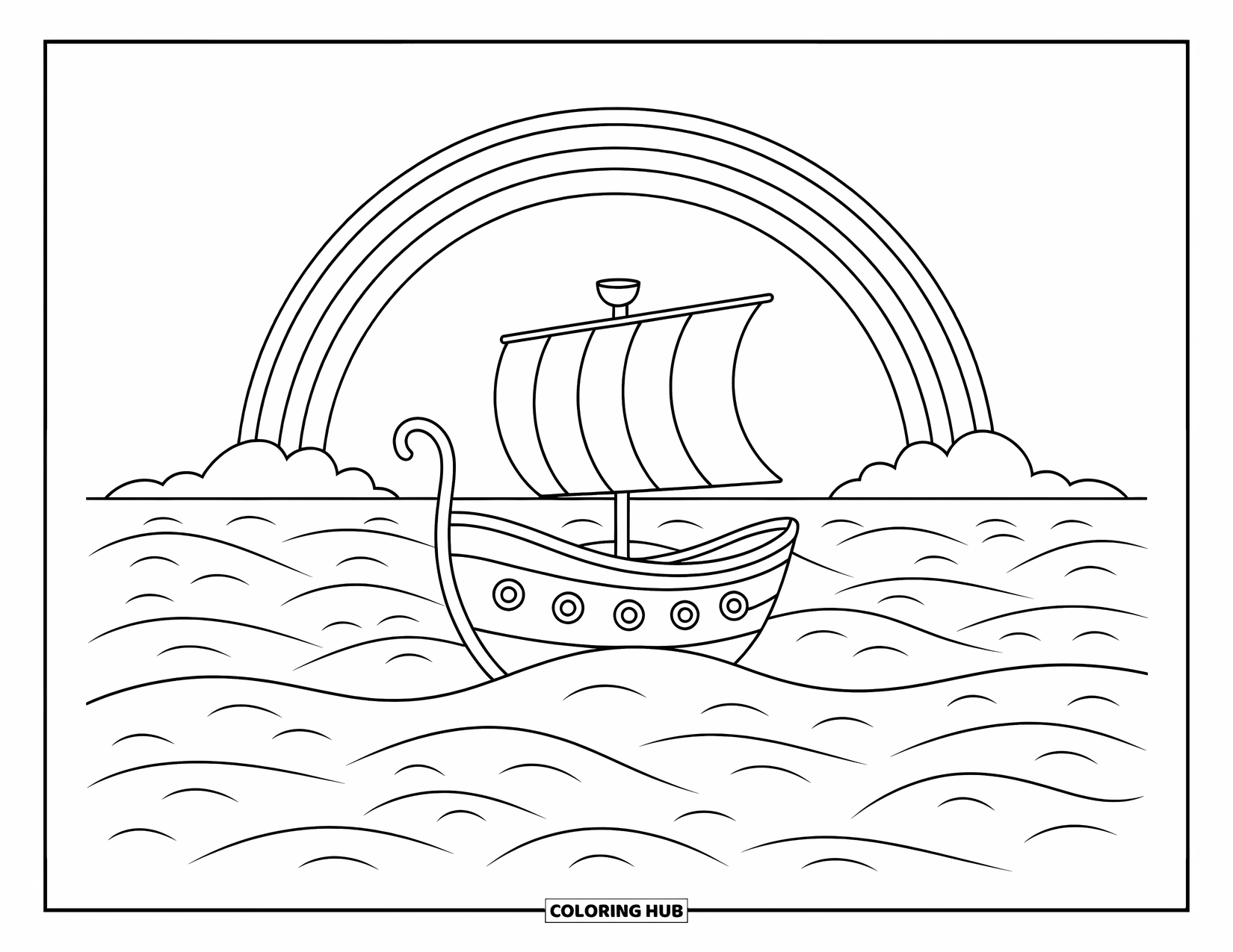 Regenboog Kleurplaat voor Kinderen: Een grillig schip drijft op zachte golven, met een regenboog die in de verte buigt