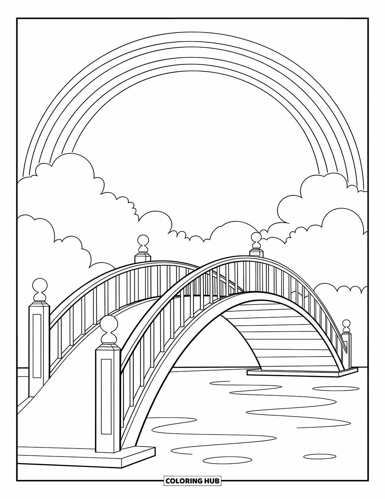 Regenboog Kleurplaat voor Kinderen: Een elegante brug overspant een rustig meer, omlijst door een majestueuze regenboog in de verte