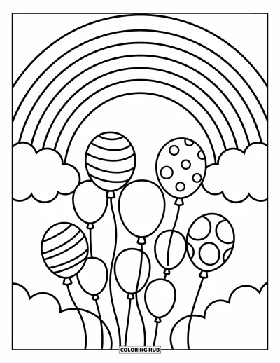 Målarbild med regnbågar för barn: Ballonger med roliga mönster flyger upp mot himlen och når mot en klar, välvande regnbågar